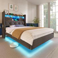 Apmušta plaukiojanti lova 90x200 cm, LED apšvietimas, galvūgalis su daiktadėže, įkrovimas (1 C tipo, 3 USB), Vienvietė lova, grotelės, linas, pilka (Be čiužinio) 211 x 97 x 114 cm pilka