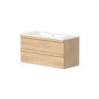 PURE, spintelė su praustuvu, medinėmis rankenomis, 101cm, šviesus ąžuolas