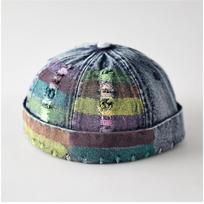 Vintage Painted Rainbow Denim Docker Cap Unisex Distressed Ripped Brimless Hat for Women Men Daily Outdoor Streetwear gray