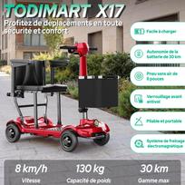 TODIMART X17 4 ratų mobilumo paspirtukas, ilgas veikimo nuotolis 30–35 km, 20 kg, sulankstomas ir lengvas, suaugusiems ir senjorams X17-270W 10.4AH raudona