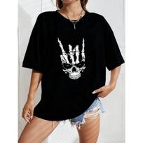 White Oversized T-Shirt With Skull And Bones Hand Gesture Print For Casual Streetwear Style S juoda