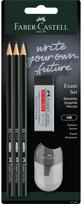 Rinkinys Faber-Castell 1111, 3 pieštukai HB, drožtukas ir trintukas, juodos sp., bl