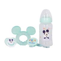 Mickey Mouse Cool kūdikio rinkinys: 240 ml buteliukas su žinduku, anatominis čiulptukas, kramtukas ir čiulptuko laikiklis