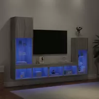 Sieninė TV sekcija su LED, 4 dalių, pilka ąžuolo, mediena