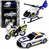 Lean Toys Policijos transporto priemonių rinkinys su šviesos ir garso efektais, baltos ir mėlynos spalvos, 3 vnt.