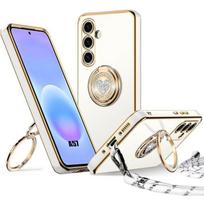 Dėklas Samsung Galaxy A57 5G, Minkštas TPU su besisukančiu žiedu, širdelės raštu ir raišteliu - Baltas balta