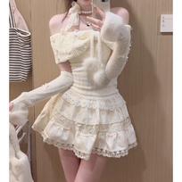 Sweet & Spicy: Women's Cream Lace One-Shoulder Top with Pearl Puffy Skirt Two-Piece Set for Autumn/Winter. XL