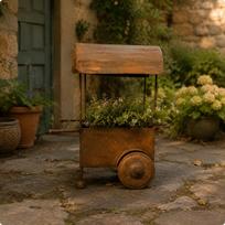 Nudėvėtas metalinis vežimėlio vazonas Rūdyta spalva Rustic Geležinis Arkos formos viršus Gėlėtas black