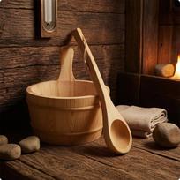 Wooden Sauna Pail Vertical Staves and Ladle Horizontal Bands brown