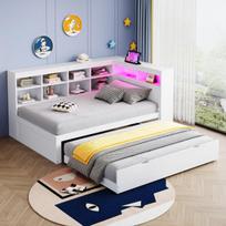 Masyvio medienos sofa-lova, 90x200 cm, su ištraukiama lova, USB, LED, balta, 1 vnt
