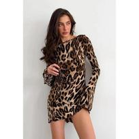 Spring Women's Leopard Print Mesh Flare Sleeve Bodycon Mini Dress S ruda
