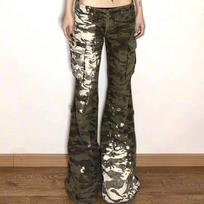 Retro Wasteland Style Spray-Paint Camouflage Women's Flare Low-Waist Denim Jeans L: 110-120 cm