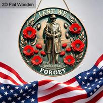 2D Flat Remembrance Day Lest We Forget WWI Wooden Hanging Sign, Vintage Bronze Style Round Plaque with Red Poppies & Soldier, Patriotic Memorial 20cm red
