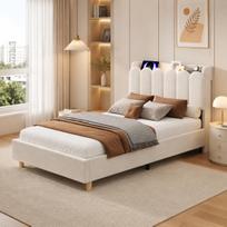 Apmušalas, Viengulis lovos, Vaikų lovos 90 x 200cm, su grotelėmis, galvūgaliu, USB ir Type-C įkrovimo stotele ir skaitymo lempa, aksomas, smėlio spalvos 218.5 x 95 x 91.5 cm smėlis