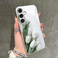 Baltas Stilingas Tulpės Rašto Stiklinis Telefono dėklas, skirtas Galaxy S26 S25 S25 Ultra S25 Plus S25 Edge S24 S24 FE S23 S23 Ultra S22 S21 S21 Galaxy S25 white