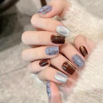 30Pcs Press on Nail Short Square Fake Nail with Plaids Cats Eye Designs Glues on Nail Glossy False Nail Artificial Nail 1 gray