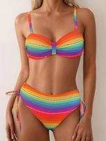 Women's Rainbow Printed Bikini Split Swimwear High Stretch Knitted Fabric Drawstring Bottom Summer Beach Clothing XL beige