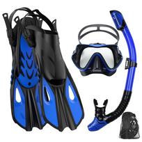 Mask Fin Snorkel Set Snorkel Gear for Adult Panoramic View Snorkel Mask Adjustable Dive Flipper Dry Top Snorkel and Travel Bag L/XL black