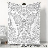 Adult Stress Relief Coloring Style Flannel Printed Blanket, Vintage Butterfly Floral Pattern Home Throw, Office Nap Warm Blanket, Bedroom Sofa Decor A 75X95CM gray