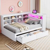 Kietmedžio sofa 90*200 cm, Lova su USB ir rozete su LED juosta, Su lentynomis ir laikymo skyriais, Daugiafunkcinė viengulė medinė lova, Balta 222.3 x 116 x 90.5 cm balta