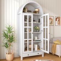 Moderni arkos formos aukšta spintelė su lentynų lygiais ir stalčiumi - vitrina su aukščio reguliuojamomis lentynomis svetainei, darbo kambariui, valgomajam 75 x 35 x 170.5 cm balta