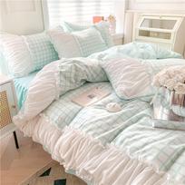 Korean Style Princess Bedding Set Luxury Pink Lattice Duvet Cover Ruffles Lace Bedspread Bed Sheet Pillowcases Flat Bed Sheet&for 1.5m bed 3pcs žalia
