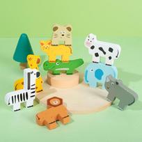 9 Animal-Illustrated Wooden Stacking Toys - Promotes Fine Motor Skills Development Coordination | Fun Design | Wooden Toys