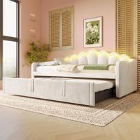 Dieninė sofa su ištraukiama lova, miegamoji sofa, viengulė lova (be čiužinio), dvigulė lova, aksomas, spalvą keičianti LED juosta, 90x200cm(180x200 cm), smėlio spalvos 211 x 186.5 x 82 cm smėlis