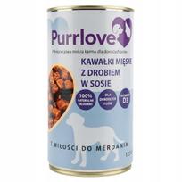 Šunų konservai PURRLOVE su paukštiena, 1250 g, pilnaviduriai mėsos gabalėliai