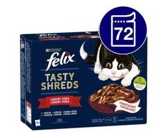 Kačių ėdalas Felix Tasty Shreds, jautiena, vištiena, antiena, kalakutiena, 72x80g