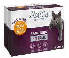 Šlapias kačių ėdalas Smilla HAIRBALL 12x85g su kalakutiena ir daržovėmis padaže