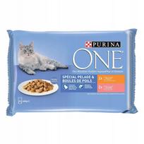 Šlapias kačių ėdalas Purina ONE Coat Hairball su vištiena ir lašiša, 4 x 85 g
