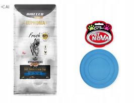 Sausas pašaras šunims Euphoria FRESH MEAT ADULT HYPOALLERGENIC Salmon M/L 12kg su frisbiu