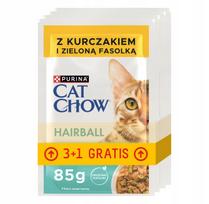 Katinų pašaras PURINA CAT CHOW su vištiena nuo plaukų kamuoliukų, 4 x 85 g (3+1 nemokamai)