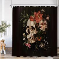 Floral Skull Shower Curtain Blue White Flowers Skeleton Horror Halloween Bath Curtains Polyester Black Bathroom Decor with Hooks 90x180cm-35x70in brown