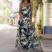 Women's Slip Dress Maxi Long Dress Skeleton Pattern Print Dress Spring & Summer Leisure Vacation 4XL tamsiai mėlyna spalva