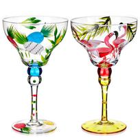 2 vnt. Meksikietiški rankų pūsto margaritos taurės Spalvingos martini kokteilių taurės su flamingų ir ananasų raštu Tropiniai gėrimai A55 white