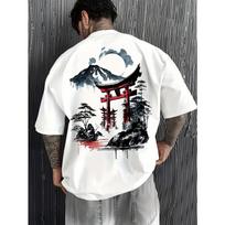 Japanese Ukiyoe Torii Gate&Fuji Mountain Print 100%Cotton Men Woment T-shirt SummerAutumn Daily Sports Casual Loose Short-sleeve S gray