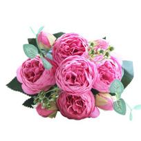 Dirbtinių bijūnų gėlės su 5 žiedų žiedynais ir 4 pumpurais. Netikras bijūnų puokštės gėlių kompozicija namų vazos dekoravimui. Boho vestuvių stalo puošmena pink