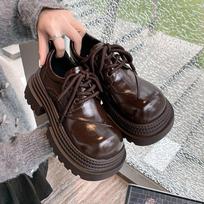 Leather small British big head small leather shoes women's spring new lace-up thick-soled heightening single shoes 35 juoda