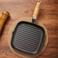 Zhishi Square Cast Iron Grill Pan with Wooden Handle & Lid black
