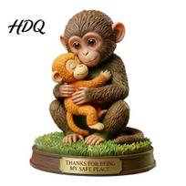 Decorative Monkey Statue Cute Figurine Small Baby Holding Plush Toy Animal Table Centerpiece Desktop Ornament for Living Room Bedroom Office black