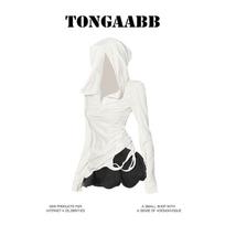Tongaabb American-Style Spicy Girl White Hooded Long-Sleeve T-Shirt for Women, Spring and Summer Waist-Cinching Slimming Floral Shorts White Top S