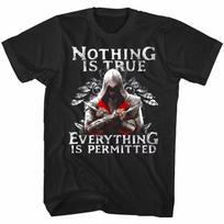 2026 gamerelated quote featuring the Assassin theme  Printed Tshirt Nothing is absolutely correct everything is permissible L gray