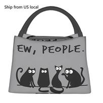 1pc Insulated Lunch Bag with Black Cat &  EW, PEOPLE.  Text Pattern - Portable Reusable Cooler Tote for Camping, Beach, Office - One Size gray