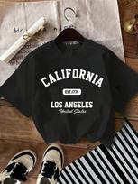 California Letter Print Crew Neck Tshirt American Retro Trend Casual For Unisex Summer Versatile Daily Top S gray