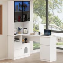 Kampinis rašomasis stalas su lentyna ir LED vitrina 120×80×180 cm – stalas su laidų praėjimu, 3 stalčiais, 2 durelėmis, atviromis lentynomis ir skyriumi augintiniui 120 x 80 x 180 cm balta