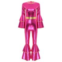 Womens Vintage Disco Costume Metallic Shiny Jumpsuit Flare Sleeve Bell Bottom Design 70s Hippie Dancewear S