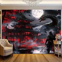 2D Darkcore Japanese Tapestry, Samurai vs Dragon Wall Backdrop for Living Room 47.2x31.5inch/120*80cm gray