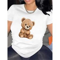Women Soft Plush Teddy Bear Print T-Shirt Black Round Neck Short Sleeve Casual Home All-Season Gift Tee S balta